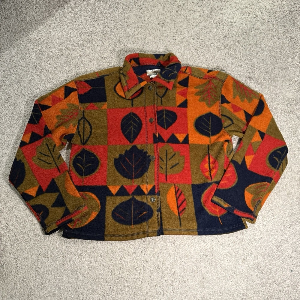 VTG Women's Sigrid Olsen Sport Fleece Button Up Jacket Sz M Leaf Print Orange
